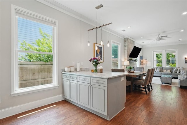 kitchen featuring ornamental molding, open floor plan, dark wood-style flooring, hanging light fixtures, and a ceiling fan
