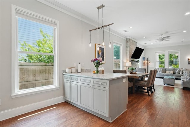 2610 Cheney St, East Point, GA 30344 - kitchen featuring open floor plan, crown molding, dark wood-type flooring, a ceiling fan, and hanging light fixtures