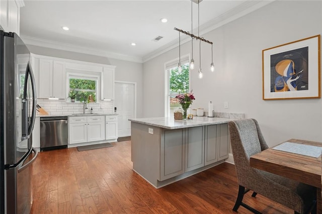 kitchen featuring stainless steel appliances, a peninsula, plenty of natural light, dark wood-type flooring, and crown molding