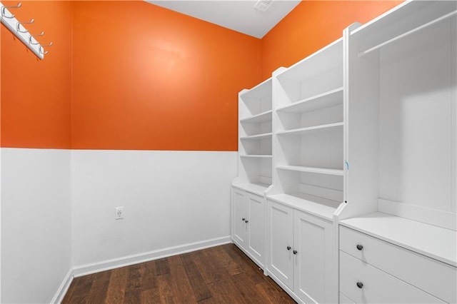 walk in closet with dark wood finished floors