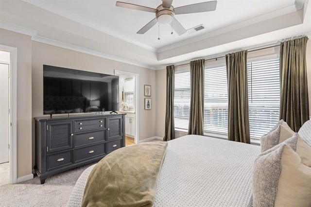1098 Caruso Dr, Buford, GA 30518 - bedroom featuring crown molding, a raised ceiling, baseboards, and a ceiling fan