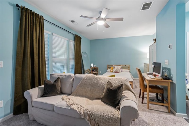 1098 Caruso Dr, Buford, GA 30518 - bedroom with visible vents, baseboards, ceiling fan, and light carpet