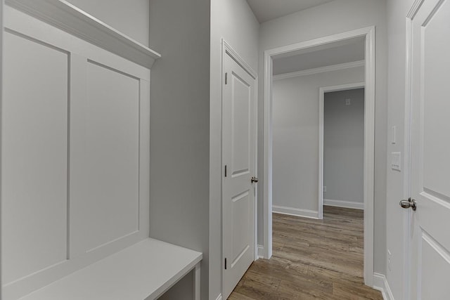 223 Montview Dr, Jefferson, GA 30549 - mudroom with crown molding, baseboards, and dark wood-style floors