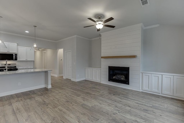 223 Montview Dr, Jefferson, GA 30549 - kitchen with light wood-style flooring, light stone counters, ceiling fan, visible vents, and appliances with stainless steel finishes