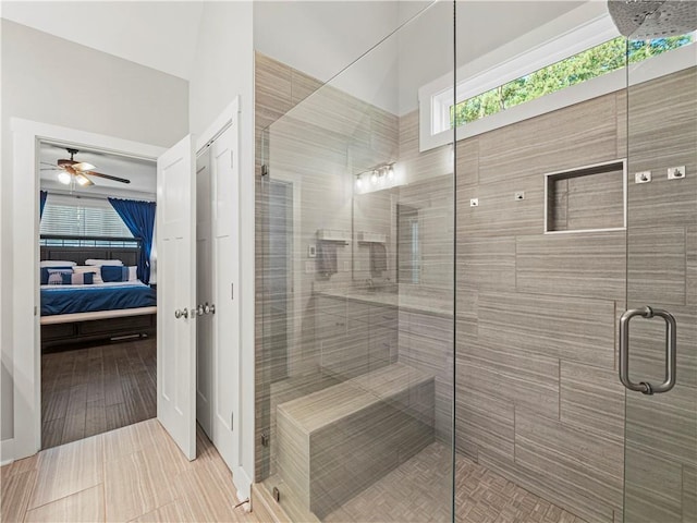 224 Blackthorn Rd, Colbert, GA 30628 - bathroom with connected bathroom, ceiling fan, and a shower stall