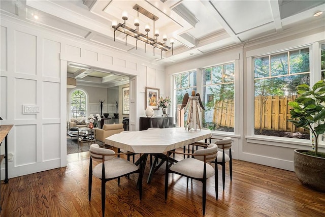 1634 Lenox Rd NE, Atlanta, GA 30306 - dining room with coffered ceiling, crown molding, a decorative wall, and dark wood-style flooring