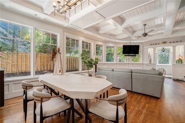 1634 Lenox Rd NE, Atlanta, GA 30306 - sunroom with beam ceiling, coffered ceiling, wood finished floors, a decorative wall, and ornamental molding