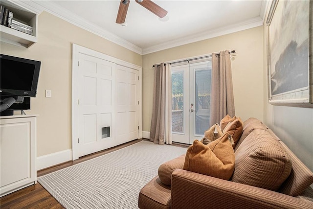 1634 Lenox Rd NE, Atlanta, GA 30306 - living room with ceiling fan, baseboards, ornamental molding, and wood finished floors