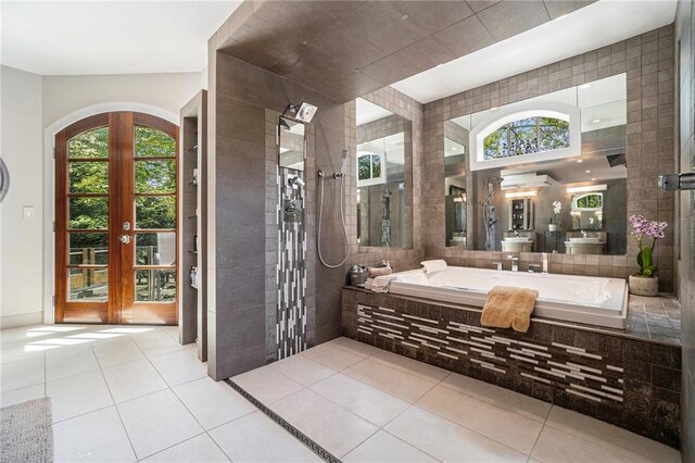 1634 Lenox Rd NE, Atlanta, GA 30306 - full bath featuring a bath, tile patterned floors, french doors, and a walk in shower