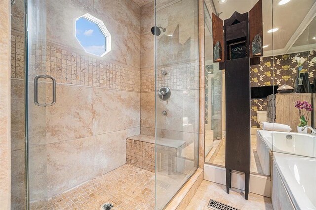 1634 Lenox Rd NE, Atlanta, GA 30306 - full bath featuring a tub, ornamental molding, recessed lighting, and a stall shower
