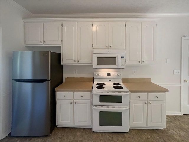 132 Lynnview Ct, Mcdonough, GA 30252 - kitchen featuring white appliances, white cabinetry, ornamental molding, and light countertops