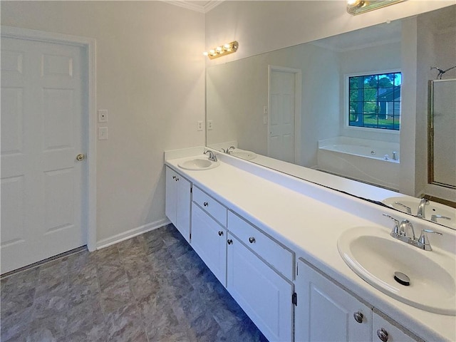 132 Lynnview Ct, Mcdonough, GA 30252 - bathroom with crown molding, double vanity, a shower stall, a garden tub, and baseboards