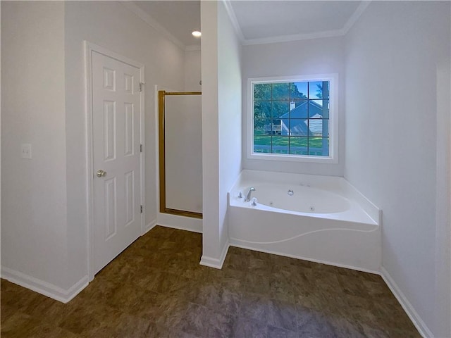 132 Lynnview Ct, Mcdonough, GA 30252 - full bath featuring crown molding, a stall shower, tile patterned floors, a whirlpool tub, and baseboards