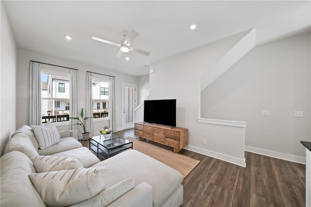1247 Zucchini Cir SE, Atlanta, GA 30315 - living room featuring baseboards, dark wood-style flooring, ceiling fan, and recessed lighting