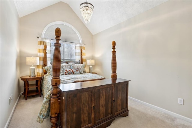 bedroom with baseboards, an inviting chandelier, lofted ceiling, a textured ceiling, and light colored carpet