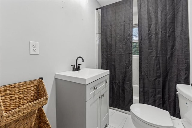 bathroom with vanity, shower / bath combination with curtain, toilet, and marble finish floor