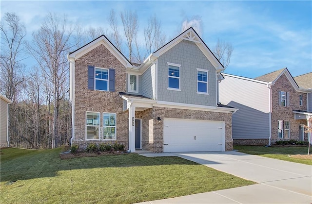 view of front of home featuring a garage, brick siding, driveway, and a front lawn