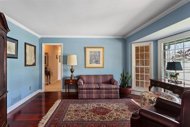 living room featuring crown molding and dark hardwood / wood-style flooring