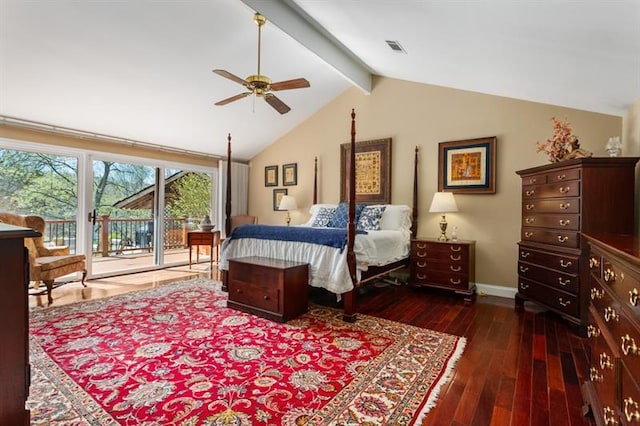 bedroom with ceiling fan, access to exterior, dark wood-type flooring, and vaulted ceiling with beams