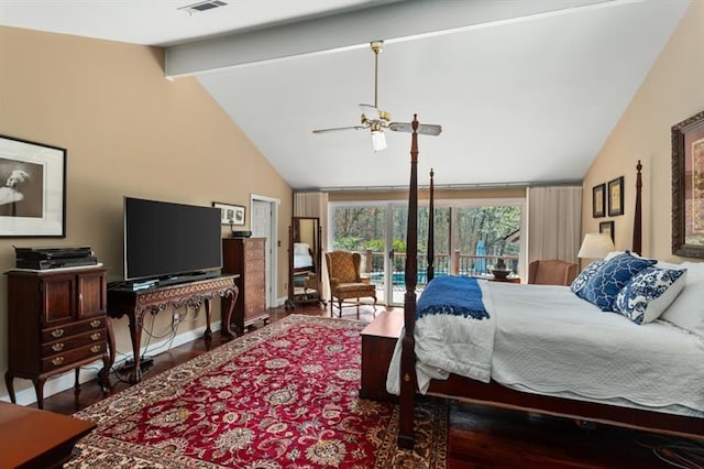 bedroom featuring french doors, hardwood / wood-style flooring, lofted ceiling with beams, access to outside, and ceiling fan