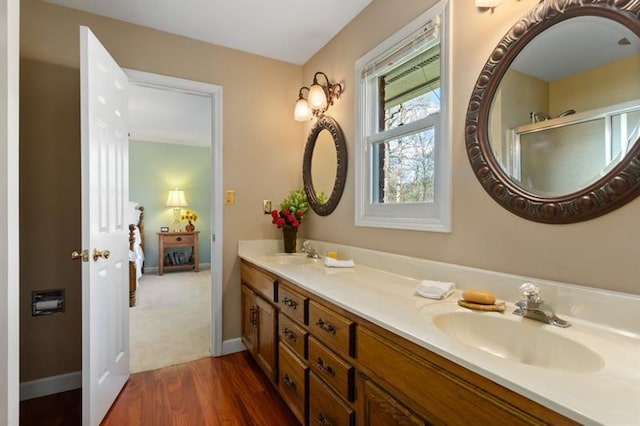 bathroom featuring hardwood / wood-style flooring and vanity