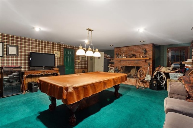 game room featuring a fireplace, carpet floors, and billiards