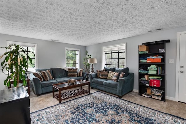 carpeted living room featuring a wealth of natural light and a textured ceiling