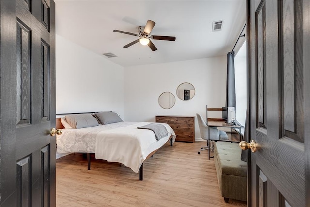 bedroom with ceiling fan and light wood-type flooring