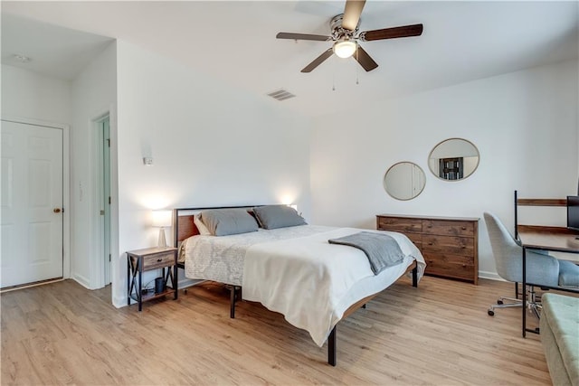 bedroom featuring ceiling fan and light wood-type flooring