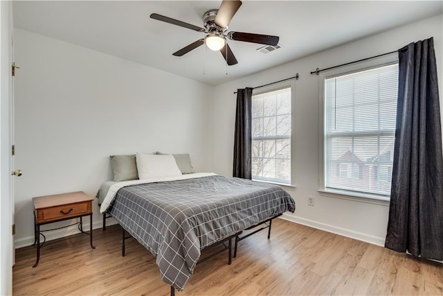 bedroom with ceiling fan and light hardwood / wood-style flooring