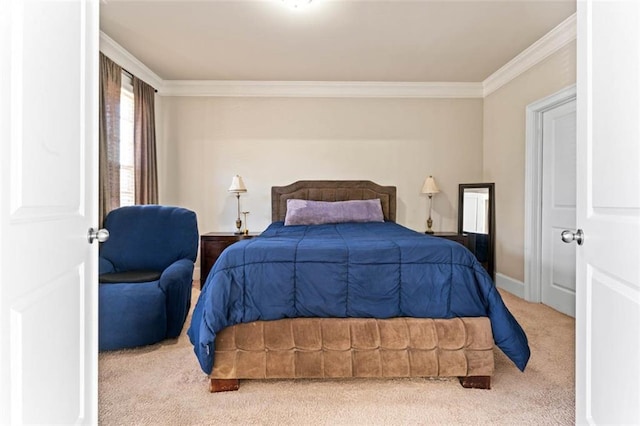 carpeted bedroom featuring crown molding