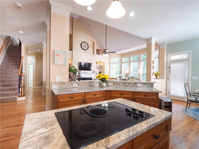 kitchen featuring light stone countertops, light hardwood / wood-style flooring, and black electric cooktop