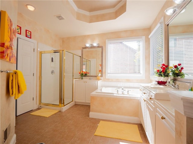 bathroom featuring vanity, crown molding, tile patterned floors, and shower with separate bathtub