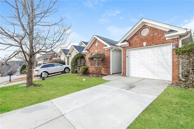 ranch-style home featuring an attached garage, brick siding, driveway, a residential view, and a front lawn