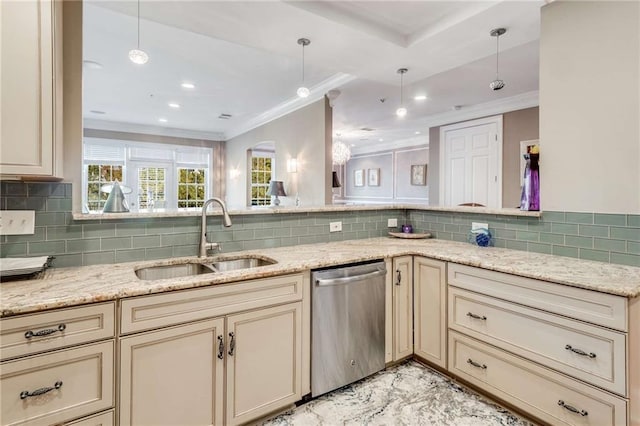 kitchen featuring stainless steel dishwasher, tasteful backsplash, and decorative light fixtures