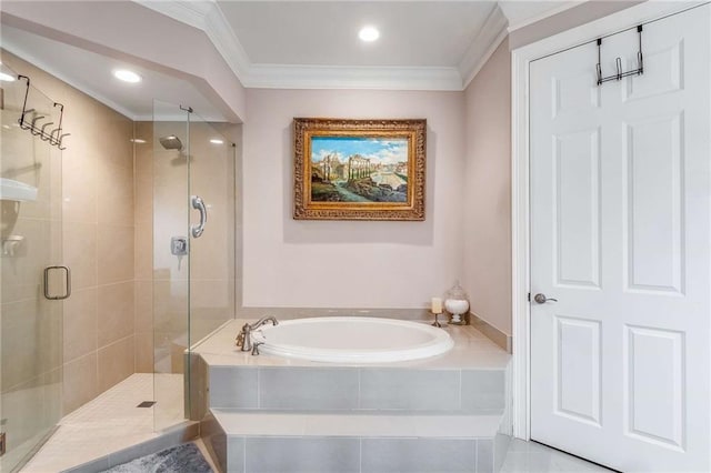 bathroom with ornamental molding, tile patterned floors, and independent shower and bath