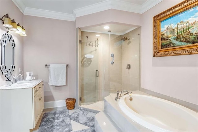 bathroom with tile patterned flooring, independent shower and bath, crown molding, and vanity