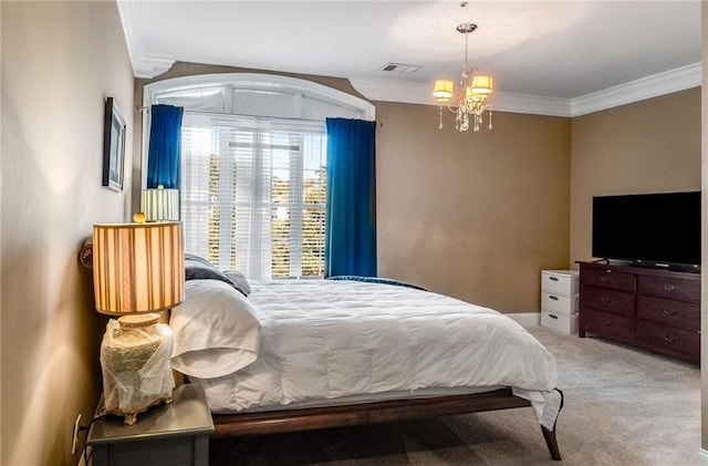 bedroom featuring a notable chandelier, carpet, and crown molding