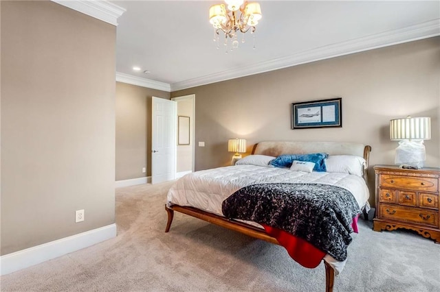 carpeted bedroom featuring a notable chandelier and ornamental molding