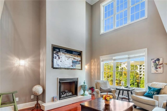 living room featuring wood-type flooring and a towering ceiling