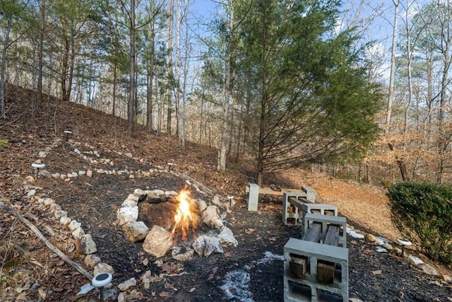 view of yard with a fire pit