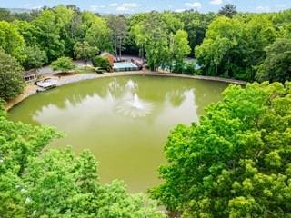 aerial view of a heavily wooded area and a large body of water