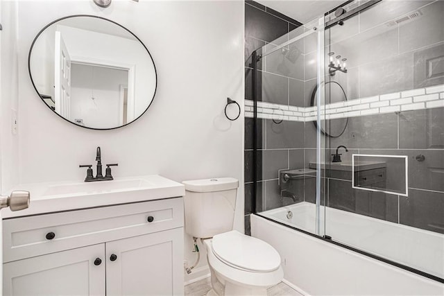 full bath with enclosed tub / shower combo, visible vents, toilet, and vanity