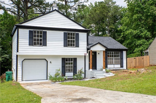 5072 Plantation View Trl, Stone Mountain, GA 30088 - tri-level home featuring an attached garage, a chimney, concrete driveway, and a shingled roof