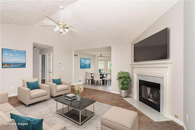 350 Dailey Mill Rd, Mcdonough, GA 30253 - living room with a ceiling fan, a chandelier, carpet, a fireplace, and lofted ceiling