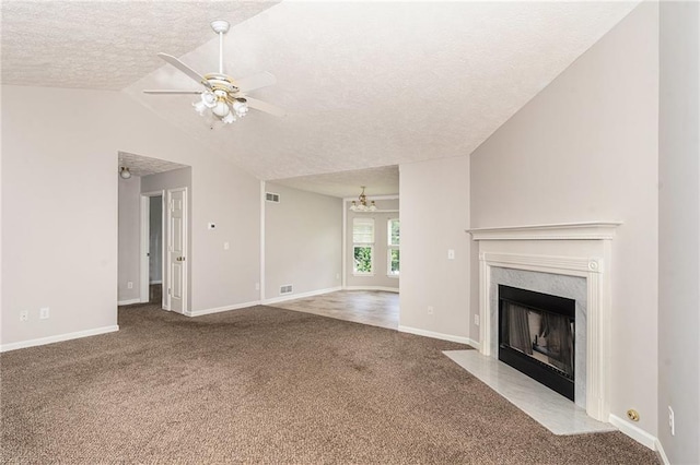350 Dailey Mill Rd, Mcdonough, GA 30253 - unfurnished living room featuring carpet, a textured ceiling, a high end fireplace, a ceiling fan, and a chandelier