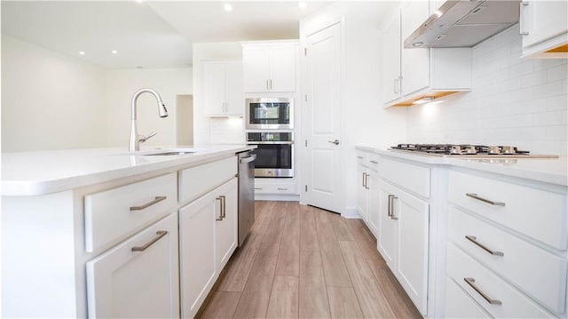 kitchen with sink, white cabinets, light hardwood / wood-style flooring, appliances with stainless steel finishes, and exhaust hood