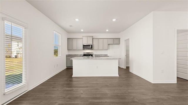 605 Lobelia Way, Locust Grove, GA 30248 - kitchen with stainless steel appliances, gray cabinetry, an island with sink, dark wood-style floors, and recessed lighting