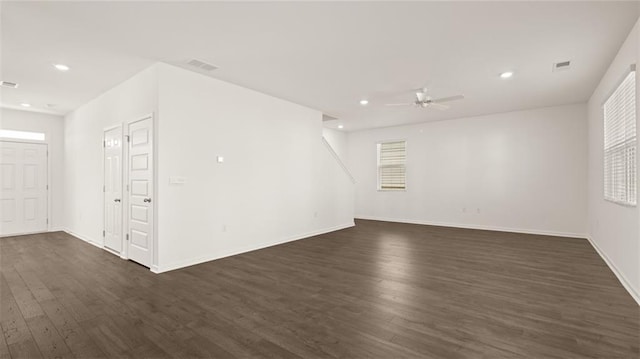 605 Lobelia Way, Locust Grove, GA 30248 - unfurnished room with dark wood-style floors, ceiling fan, recessed lighting, and baseboards