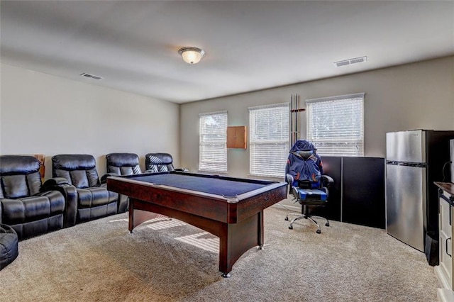game room with visible vents, billiards, and carpet